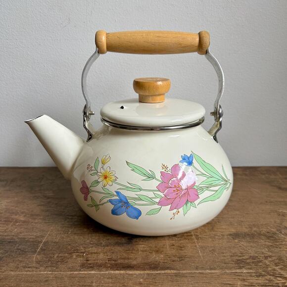 Vintage 80's Decorative Enamel Floral Teapot with Wooden Handle | Enamel Kettle - Picture 1 of 7